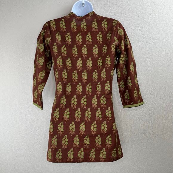 Biba Brown Floral Indian Tunic Top 100% Cotton Split V-Neck 32/US 0-2 NWT - Picture 2 of 14